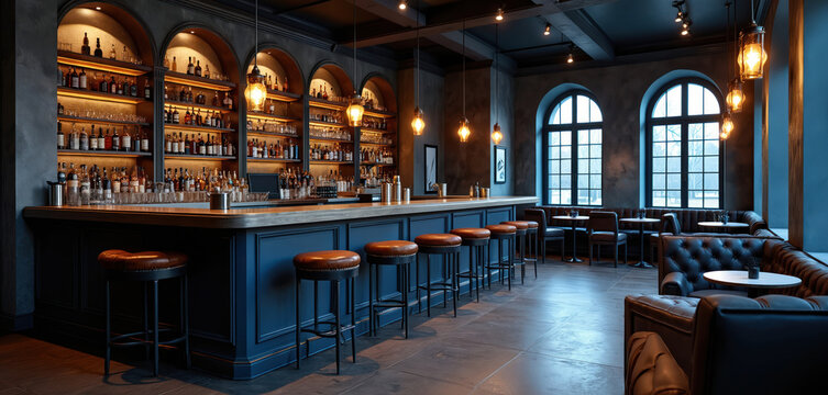 Bar interior features extensive liquor bottle shelves, long counter with bar stools, plush seating areas. Large arched windows offer view of outside, ambient lighting creates atmosphere. Modern