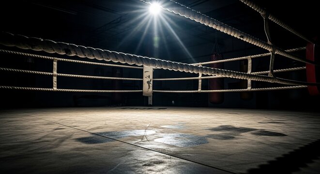 Boxing ring arena fight sport mma training gym ropes corner canvas spotlight competition dark empty space