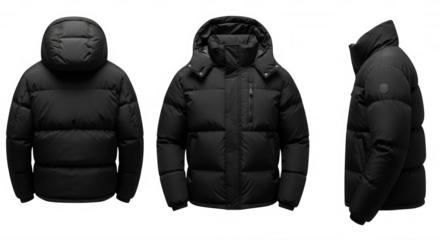 Black puffer jacket with hood isolated on a transparent background