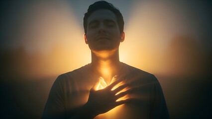 Man with eyes closed basks in the glow of light emanating from chest, against sunset background