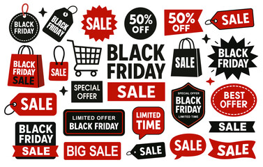 Black Friday sale banners stickers set. Advertising banners illustrations. Sale collection. Badges and tags