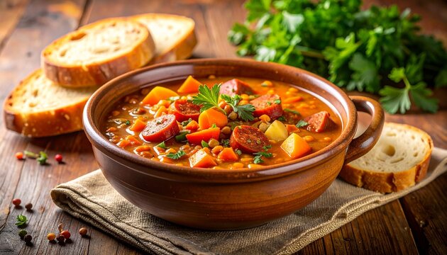 plato de lentejas tradicional servido en un cuenco de cer&aacute;mica r&uacute;stica, acompa&ntilde;ado de su guarnici&oacute;n: chorizo, zanahorias, patatas y trozos de pan crujiente a un lado.
