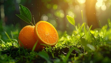 Halved oranges on vibrant grass with sun-dappled bokeh and raindrops. Bright, fresh, and inviting image