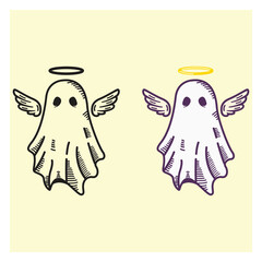 Cute Angel Ghosts Vector Illustration – Cartoon Halloween Colored And Outline Version