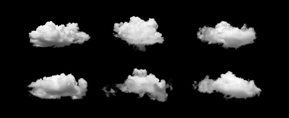 White fluffy clouds isolated on black background, representing weather, sky, nature, and imagination. Perfect for design, digital art, animation, or background elements in creative and visual projects