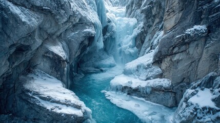 Winter wonderland with frozen waterfall and icy cliffs in a serene canyon setting