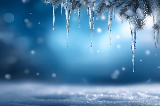 Close-up of icicles hanging from evergreen branches, creating a frozen border at the top of the frame, with a blurred winter background and soft bokeh effects