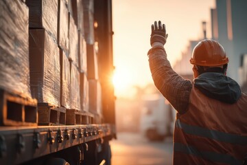 Logistics worker signaling by cargo truck at golden hour, supply chain focus.