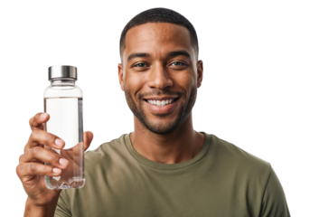 Smiling man holds a clear water bottle in a bright setting promoting hydration and healthy living for all ages