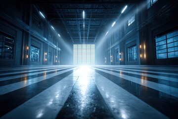 Futuristic industrial hall with strong backlighting and striped floor.