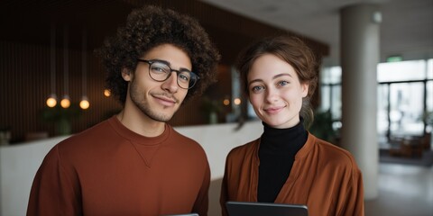 Young caucasian male and female professionals smiling indoors holding tablets