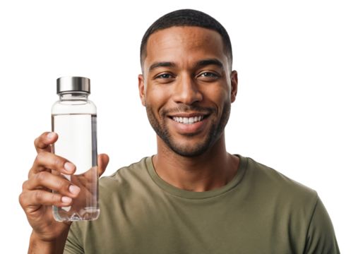 Smiling man holds a clear water bottle in a bright setting promoting hydration and healthy living for all ages