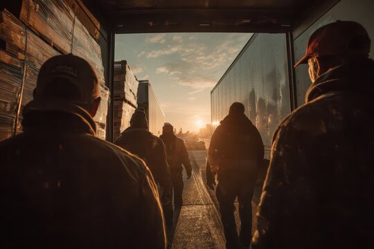 Silhouetted workers walking into a vibrant sunset at a busy truck loading dock.