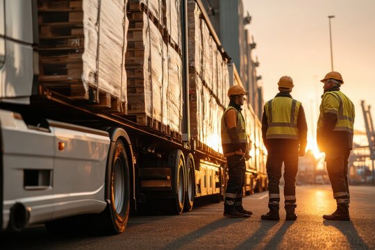Logistics workers inspecting loaded truck trailer during golden hour.