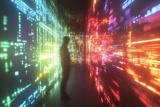 Futuristic corridor with colorful light reflections - Powered by Adobe