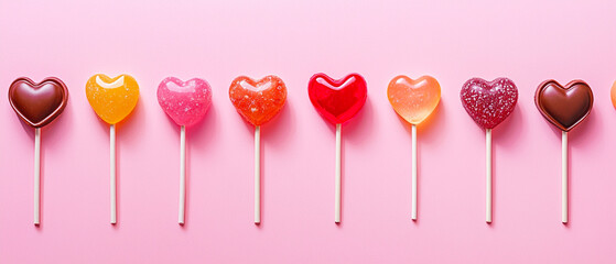 Row of colorful heart-shaped lollipops on pastel pink background. Sweet festive concept for Christmas, winter advertising, and Valentine’s Day creative design projects.