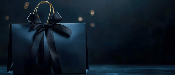 Dark elegant composition with a black wrapped gift and glowing fairy lights.Black Friday, Stylish Christmas mood for winter advertising, festive projects, and luxury seasonal design.