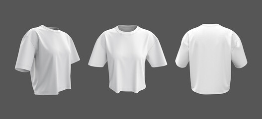 Oversized women’s t-shirt mockup. Front, side and back view. 3d illustration, 3d rendering