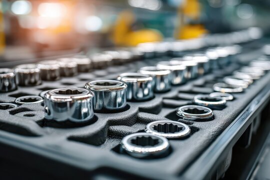 Chrome socket wrench set, neatly organized in a workshop tool tray. - Powered by Adobe