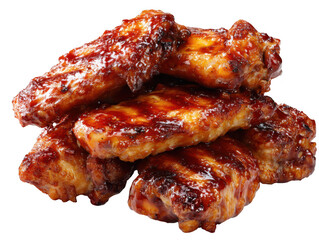 A pile of sticky, mouthwatering buffalo or barbecue glazed chicken wings, roasted to perfection and isolated on a clean white background.