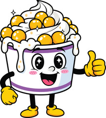 Cartoon dessert cup character with whipped cream and golden toppings, smiling ice cream frozen yogurt mascot, fun food design, cad drawing flat vector illustration