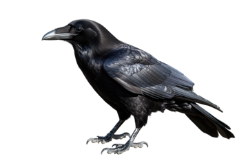 Crow perched on a clear background showcasing detailed feathers and sleek body structure in a natural pose