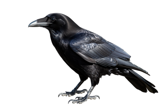 Crow perched on a clear background showcasing detailed feathers and sleek body structure in a natural pose