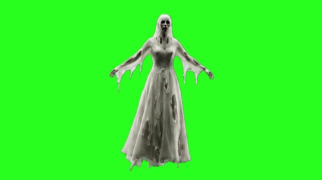 Halloween And Dark Themes Horror Movie Creature Special Effect Render With Screaming Face Against Isolated Green Screen