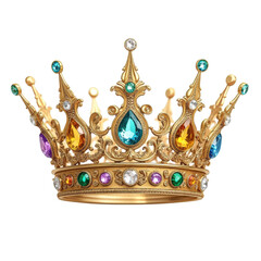Ornate golden crown with colorful jewels isolated on transparent background isolated on white background