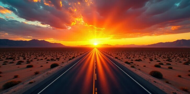 A dusty desert highway stretching towards a vibrant sunset, symbolizing perseverance and distant goals. An empty, dusty desert highway stretching towards a vibrant, colorful sunset. The sky is filled