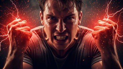 Furious man clenching fists with energy sparks, showcasing anger and strong emotion