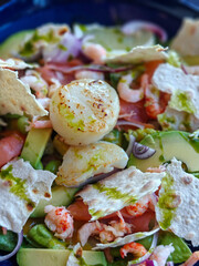 A wonderful salad with seared scallops, shrimp, cherry tomatoes, red onion and herbs