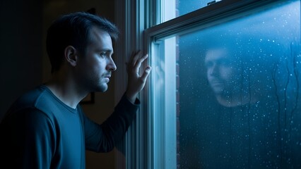 A man gazes out a window in a dimly lit room, with his reflection visible