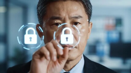 Asian man in office, touching lock icon, suggesting digital security, blurred background. Possible use cybersecurity - Powered by Adobe