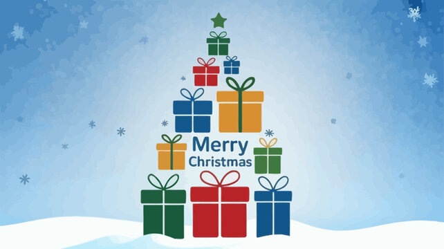 Festive christmas tree shape formed by colorful gift boxes and presents against a snowy winter background with falling snowflakes