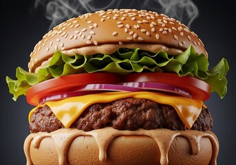 Juicy Close-up of a Steaming Classic Cheeseburger: Thick Beef Patty, Melted Cheddar, Fresh Lettuce, Tomato, Onion, and Sesame Seed Bun on Black Background.