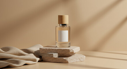 Beige perfume bottle on stone blocks, minimalist studio shot