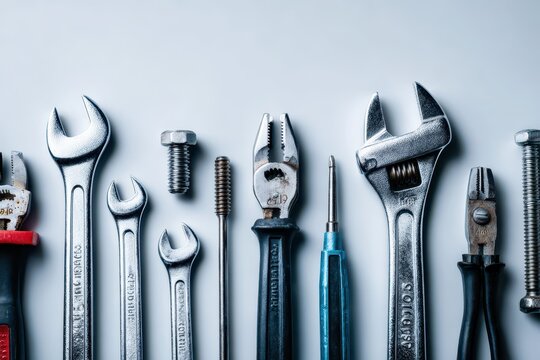 Close-up of assorted metal hand tools and fasteners neatly arranged on a white background.