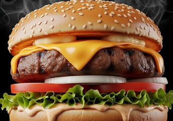 Juicy Close-up of a Steaming Classic Cheeseburger: Thick Beef Patty, Melted Cheddar, Fresh Lettuce, Tomato, Onion, and Sesame Seed Bun on Black Background.