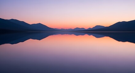 Tranquil morning landscape: Sunrise reflection over a calm mountain lake with fog and clouds