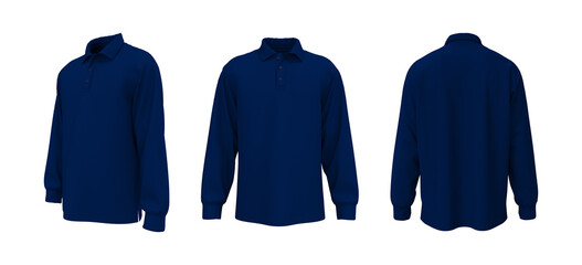 Oversized men’s long sleeve polo shirt mockup. Front, side and back view