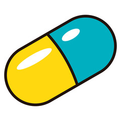 Simple illustration of a yellow and teal colored capsule with a transparent background medical healthcare concept