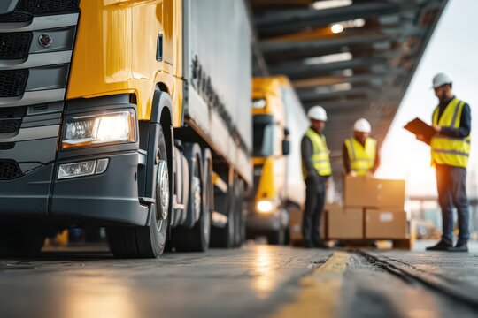 A yellow semi-truck with shining headlights parked at a busy industrial loading dock during sunset.