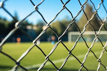 Fototapeta premium Players engage in soccer practice on green field, visible through chain-link fence. sun shines brightly, casting shadows on grass. atmosphere lively and energetic reflecting dedication and teamwork