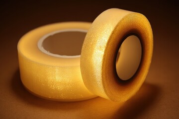 Warmly lit sheer golden tape rolls creating a luminous, textured abstract image.