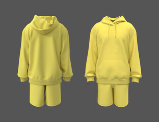 Oversized men’s hoodie and shorts set mockup. Long sleeve streetwear outfit, front and back view © Febriana