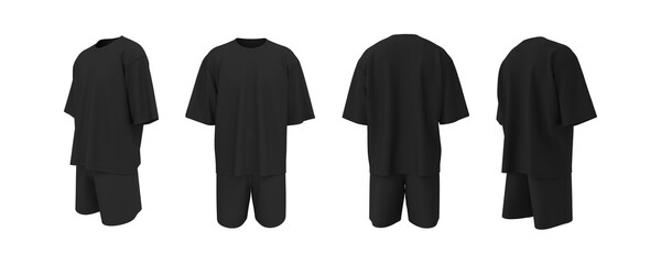 Oversized T-Shirt and Shorts Mockup Set. Front, Side, Back