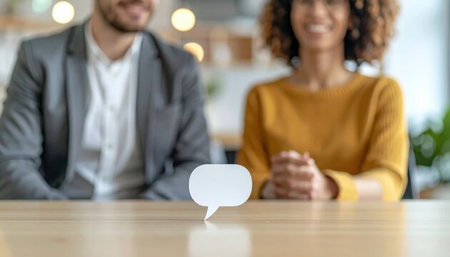 Speech Bubble on Office Table with People in Background — Communication, Feedback and Social Media Concept