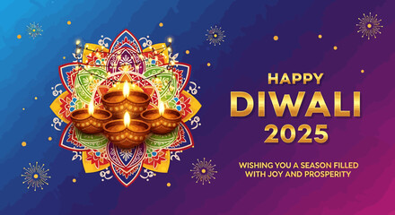 Diwali Celebration Invitation with Intricate Mandala Design, Lamps, and Wishes for Joy & Prosperity 2025