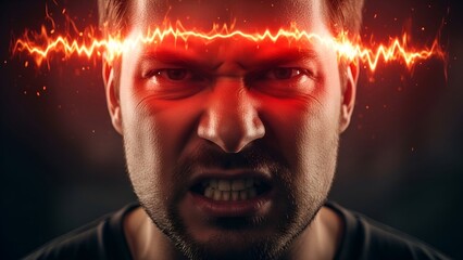 Man's face contorted in anger with bright, fiery energy emanating across the forehead